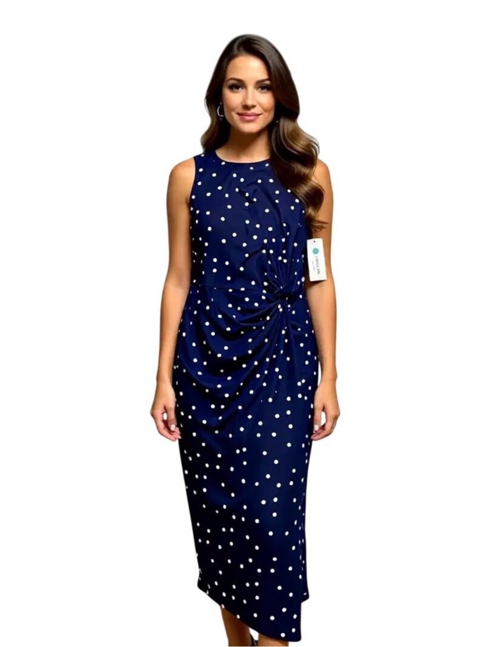 Navy Polka Dot Sleeveless Midi Dress